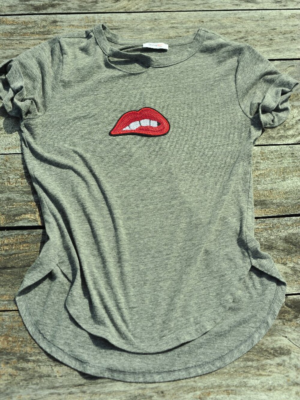 Skinny Girl Jeans Gray Tee Smile Cut Out Neckline